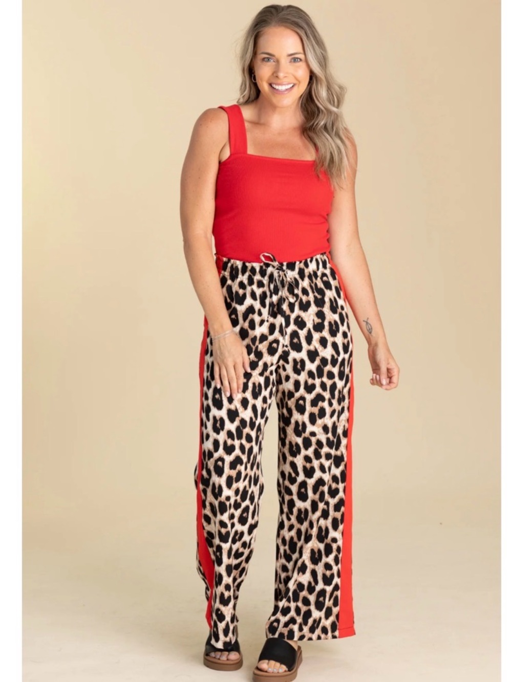 Staccato Leopard Wide-Leg Pants with Red Side Stripes